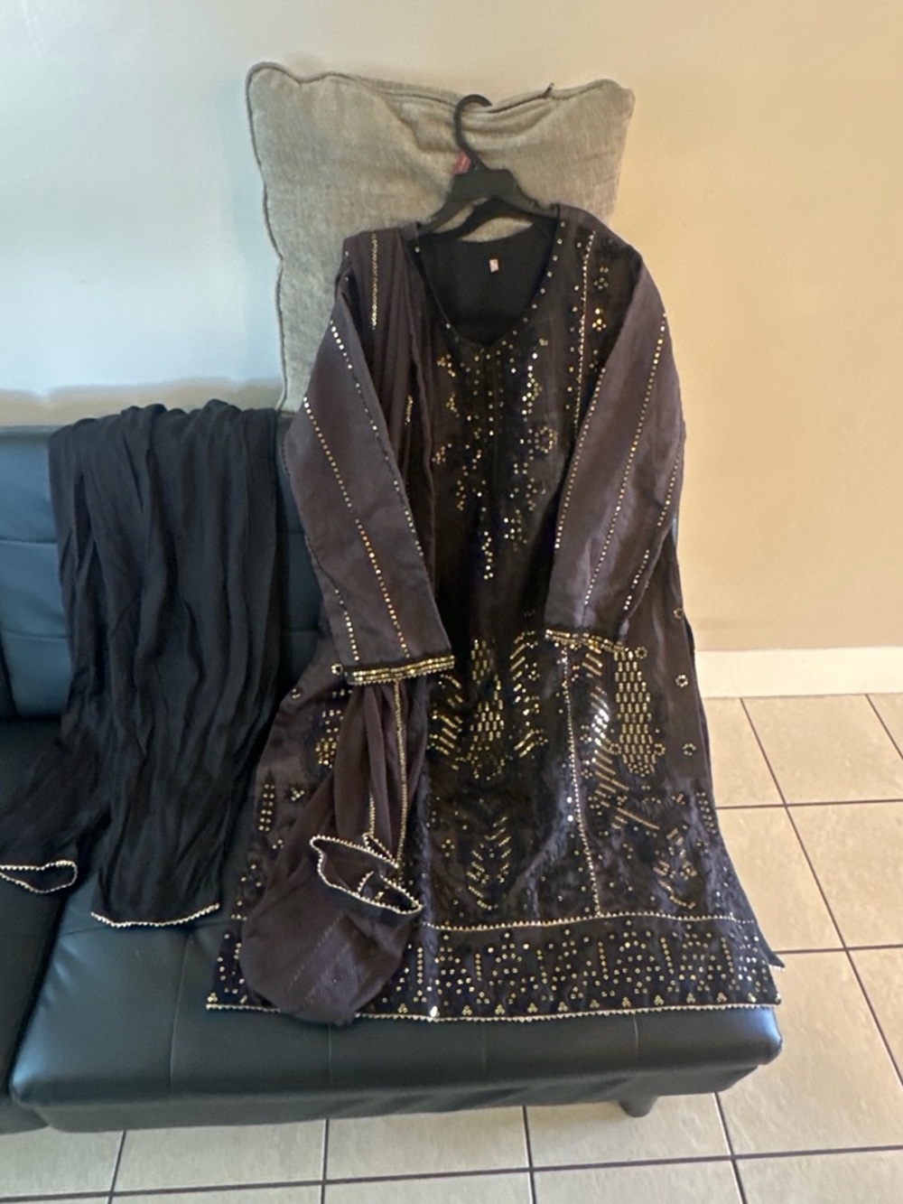 Embellished Black Women's Long Dress with Gold Sequin Detail
